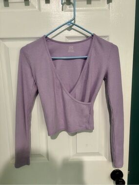 aerie Lilac Waffle Knit Wrap-Front Long Sleeve Top